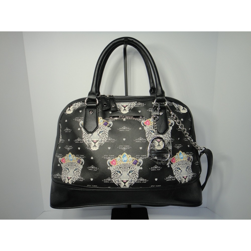 Betsey Johnson Snow Leopard Crown Heart Dome Satchel Handbag Black Silver NWT